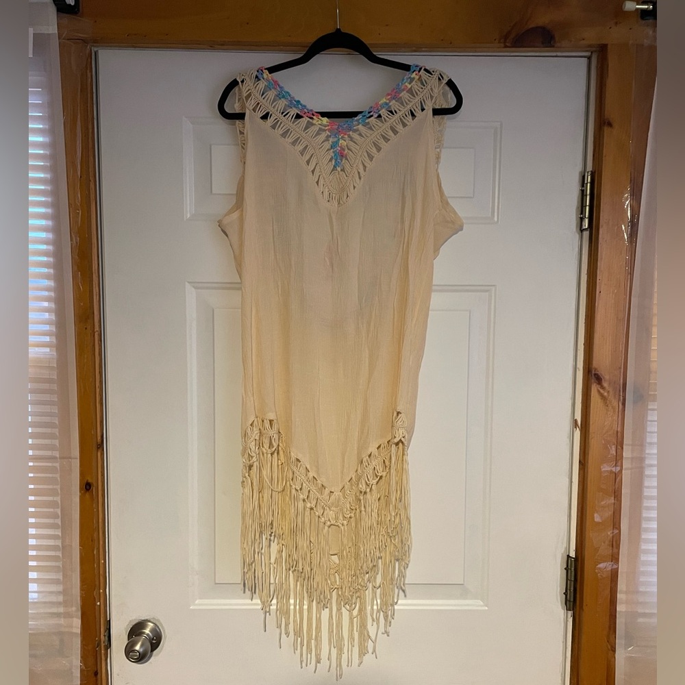 Boho Cream Fringe Sleeveless Cover up Dress, Sz Large